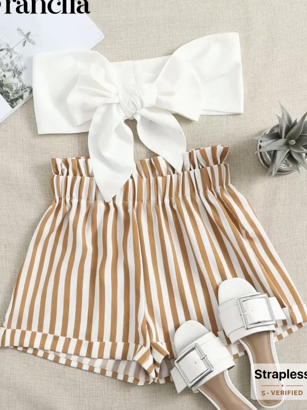 SHEIN White & Tan Striped High-Waist Paperbag Shorts